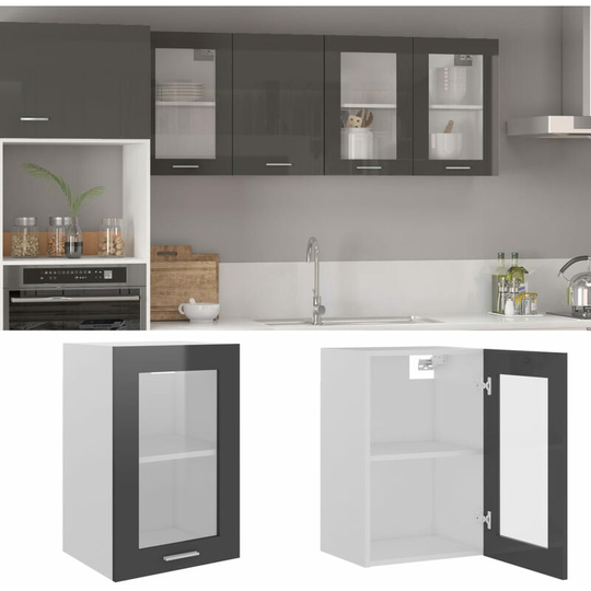 Hanging Glass Cabinet High Gloss Grey 40x31x60 cm Chipboard