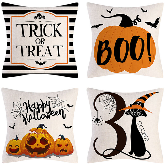 Halloween Pillow Covers 18x18 Set of 4 Trick or Treat Pillow Covers Happy Halloween Linen Sofa Bed Throw Cushion Cover Decoration