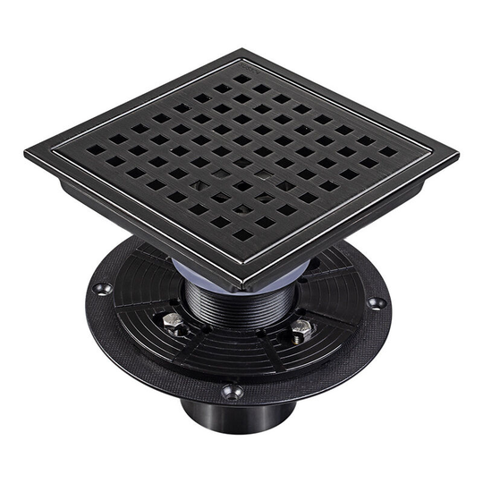 4-inch square shower drain with removable cover grille, sus 308 stainless steel floor drain tile, matte black