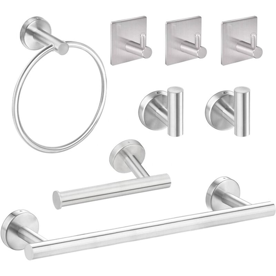 Set of 8 Wall Mounted Silver Bathroom Sets, Robe Hook, Wall Mounted Toilet Paper Holder, Towel Ring, 16'' Towel Rack, Bathroom Accessories, Towel