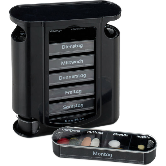 Relaxdays - 7-Day Pill Organiser, Weekly Medicine Box, 4 Compartments, Morning, Noon, Evening, Night, Black