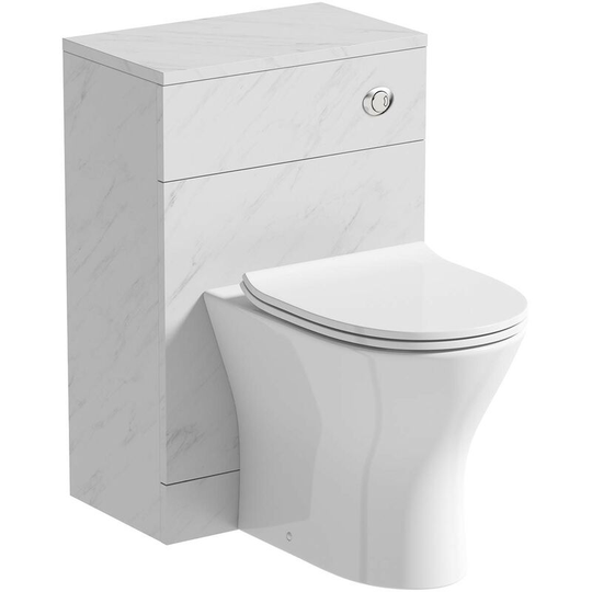 Lea marble slimline back to wall unit 500mm and Derwent round back to wall toilet with seat - White - Orchard