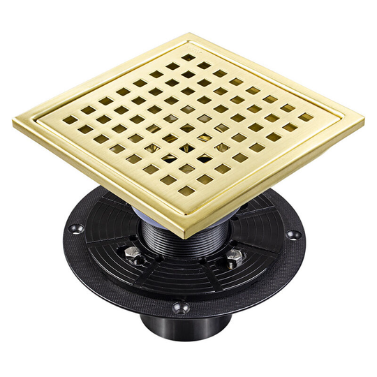 4 Inch Bathroom Square Shower Drain, Adjustable Shower Drain Base Flange, Sus 304 Stainless Steel Floor Drain, Brushed Gold