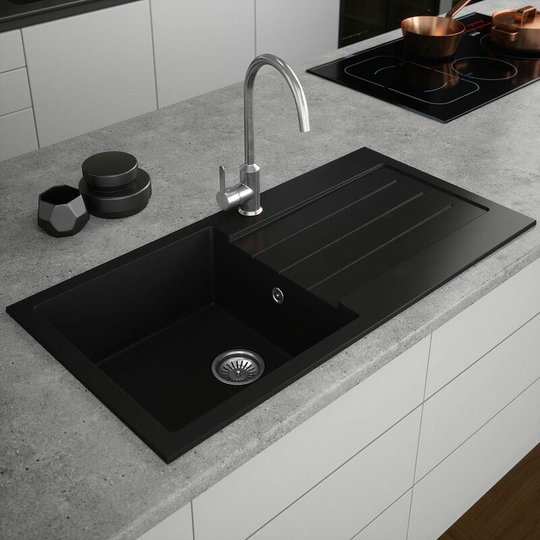 Sauber - Kitchen Sink Single Bowl 1000x500mm Black Drainer Composite Inset Waste - Black