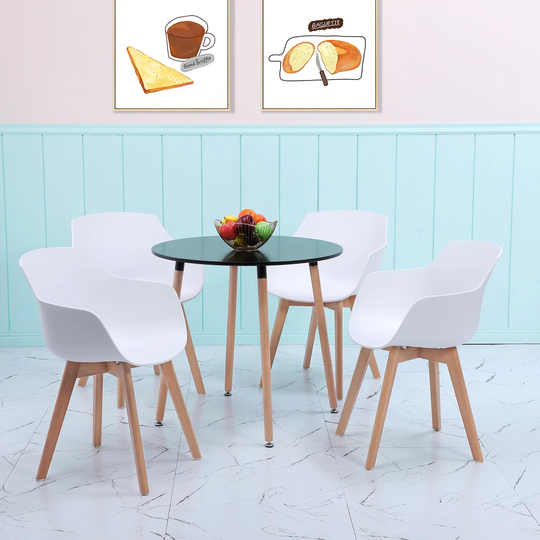 4 Leg Round Dining Table With 4 Armchairs, Black+White