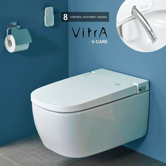 V-Care Rimless Wall Hung Toilet wc with Aqua Clean Bidet Shower 8 Control Modes - Basic Edition - Vitra