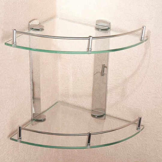 2 Tier Glass Corner Floating Storage Shelf Bathroom Shower Organizer - Livingandhome