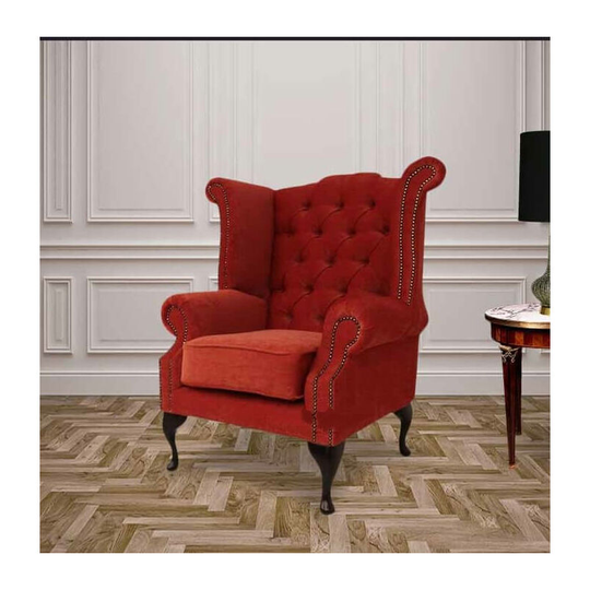 Chesterfield Fabric Queen Anne High Back Wing Chair Copper