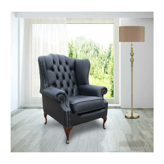 Designersofas4u - Chesterfield Mallory Flat Wing Queen Anne High Back Wing Chair uk Manufactured Black Leather