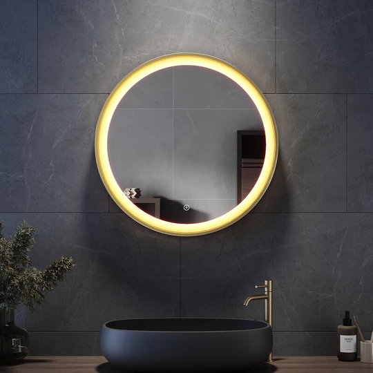 600x600mm Round Bathroom led Mirror Front Lighted Illuminated Wall Mounted Bathroom Mirror with Demister Leather Belt Tempered Glass IP44 - Elegant