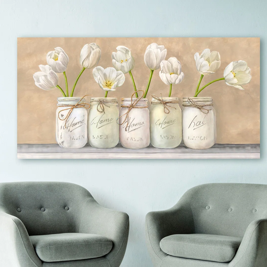 White Tulips In Mason Jars by Jenny Thomlinson - Wrapped Canvas Painting
