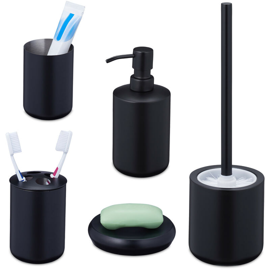 5-Piece Bathroom Accessory Set, Brushed Stainless Steel, Complete Toilet Accessories, Modern, Black - Relaxdays