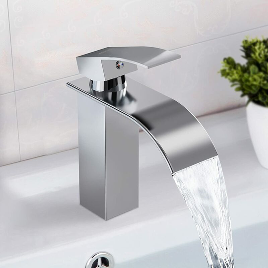Waterfall Bathroom Faucet, Basin Mixer Tap Stainless Steel, Bathroom Faucet Rectangular Flat Spout, Cold & Hot Water Available, Modern Chrome Style