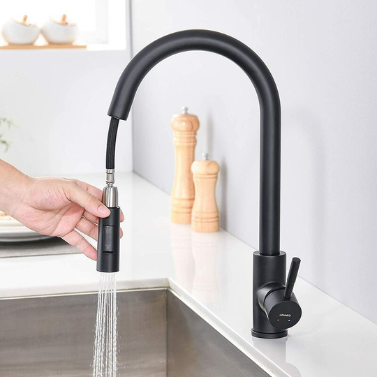 Gift - Black Kitchen Faucet with Pull-Out Spray and 2 Spray Modes 360° Swivel High Spout Sink Faucet Stainless Steel Kitchen Mixer Tap Adjustable Hot