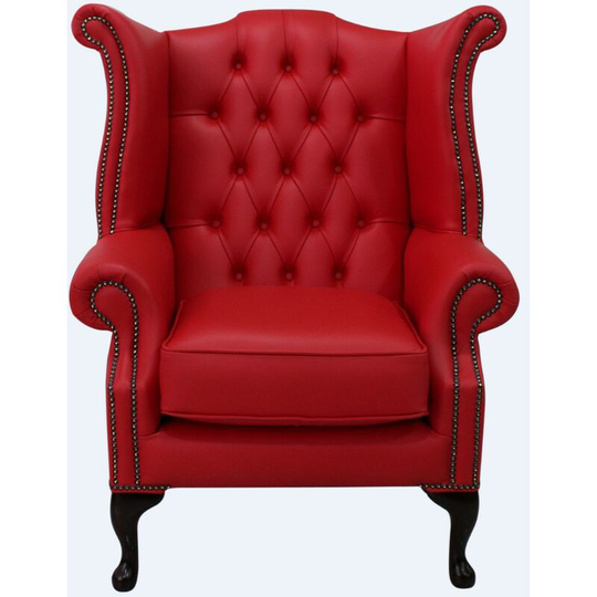 Chesterfield Queen Anne High Back Wing Chair uk Manufactured Flame Red Leather