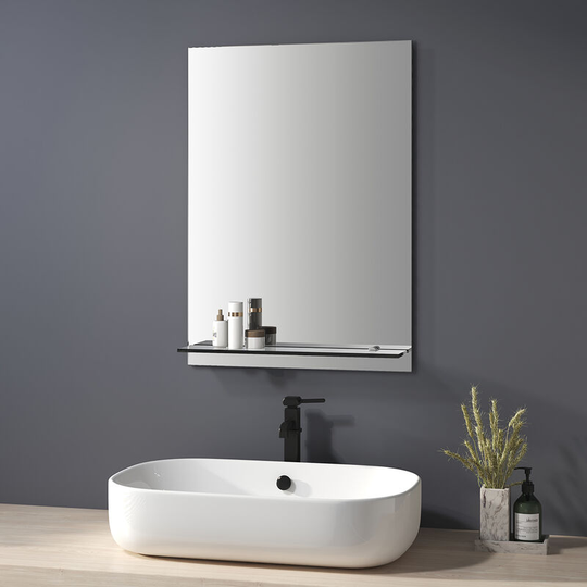 Bathroom Mirror with Shelf 50x70cm, Frameless Wall Mounted Bathroom Mirror with Glass Shelf - Heilmetz