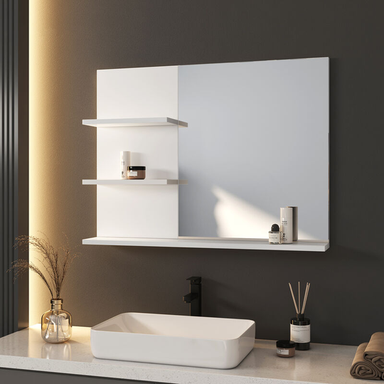 Meykoers - 50x60cm Wall Hanging Mirror with 3 White Shelves, Vanity Mirror with Shelf, Horizontal Wall Mirror, for the Living Room and Bedroom