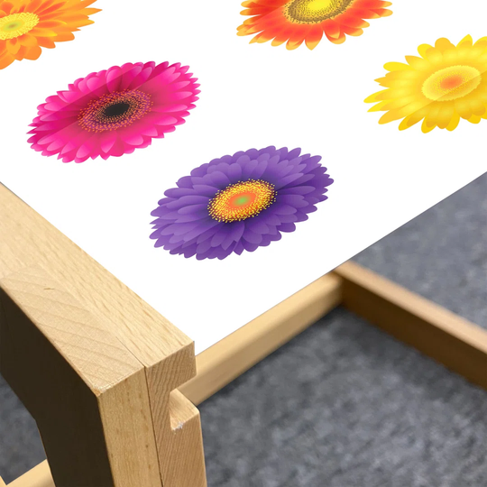 Gerber Daisy Coffee Table, Various Colorful Petals On Plain Backdrop Summer Flora Romance Print, Acrylic Glass Center Table With Wooden Frame For Offi