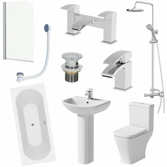 Bathroom Suite 1800mm Double Ended Bath Shower Toilet Pedestal Basin Taps Screen - White