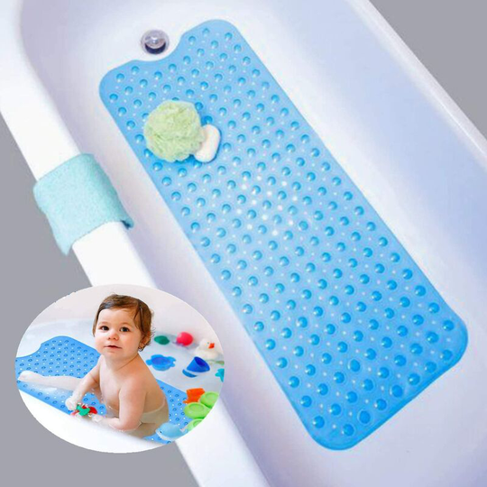 Perle Rare - Bath Mat, Bathtub Mat, Safety Anti Slip, Antibacterial with Strong Suction Cups, 100 x 40cm Extra Long, Durable (Blue)