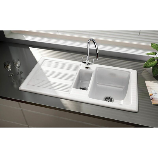 Portland Kitchen Sink 1.5 Bowl Reversible Ceramic Inset Gloss White - White - Rangemaster