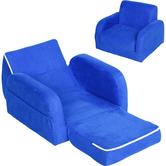 2 In 1 Kids Armchair Sofa Bed Fold Out Padded Wood Frame Bedroom Blue - Blue - Homcom