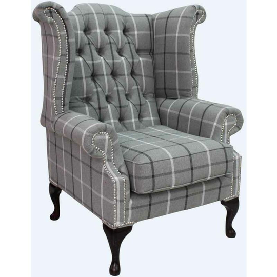 Chesterfield Queen Anne Wing Chair High Back Armchair Piazza Square Check Slate Fabric