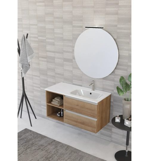 Vanity Unit 2 Drawers, Open Element With Right Integrated Washbasin, Mirror And Spotlight