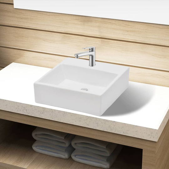 Ceramic Bathroom Sink Basin with Faucet Hole White Square - White