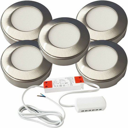 Loops - 5x brushed nickel Round Surface or Flush Under Cabinet Kitchen Light & Driver Kit - Warm White led