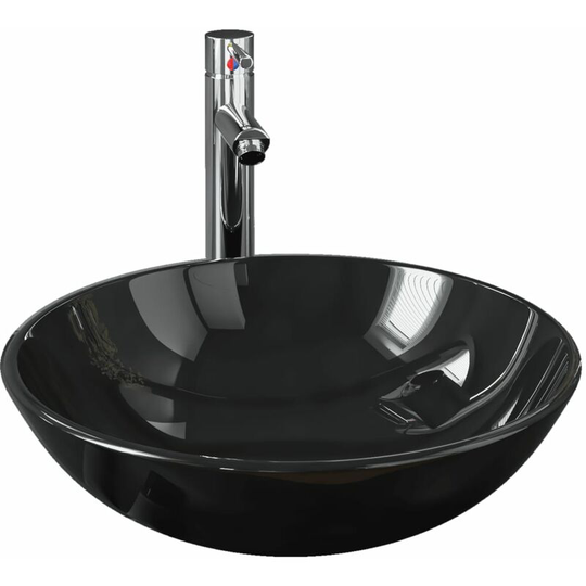 Bathroom Sink with Tap and Push Drain Black Tempered Glass Vidaxl Black