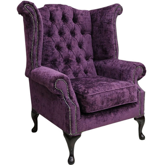 Chesterfield Queen Anne High Back Wing Chair Nuovo Plum Fabric