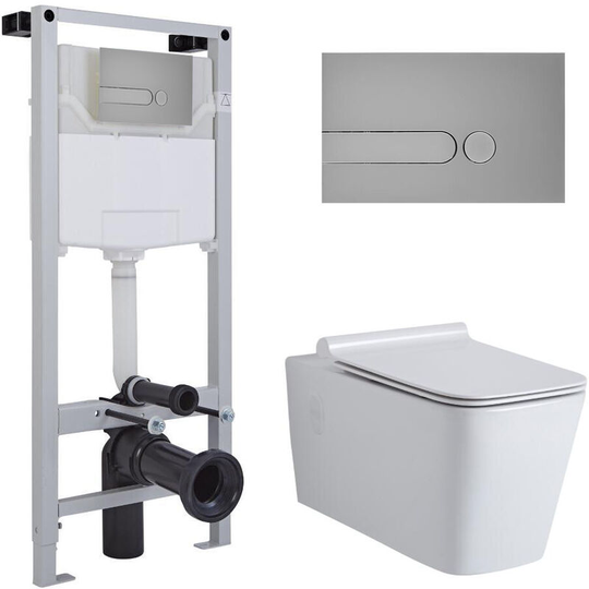 Milano - Elswick - White Ceramic Modern Bathroom Wall Hung Square Toilet wc with Tall Wall Frame Cistern and Dot Satin Chrome Flush Plate