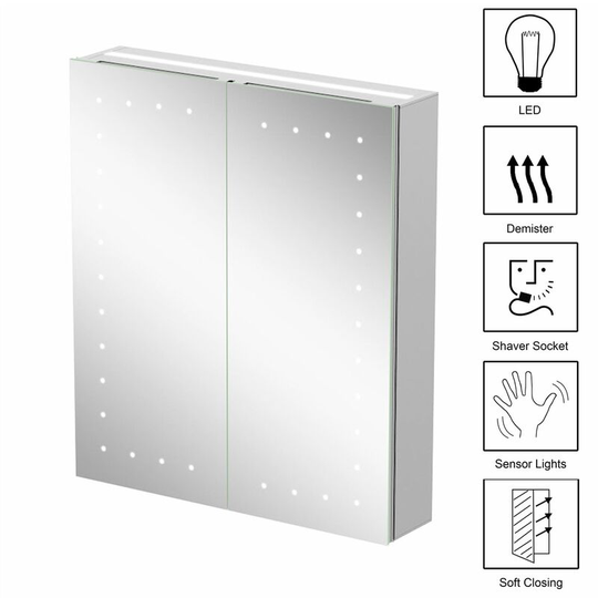 Bathroom Mirror Cabinet LED Illuminated Wall Mounted Mains Power IP44 600x700mm - Silver
