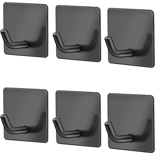 Perlerare - 6 Pieces 3M Black Adhesive Hook Stainless Steel Wall Hook Rust Proof, Oil Proof and Waterproof No Drilling Towel Holder Suction Cup