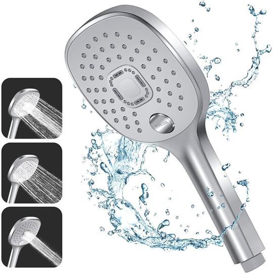 Shower head, 3 spray patterns, durable handle and eco-friendly silicone nozzle, large silver shower head (without shower head)
