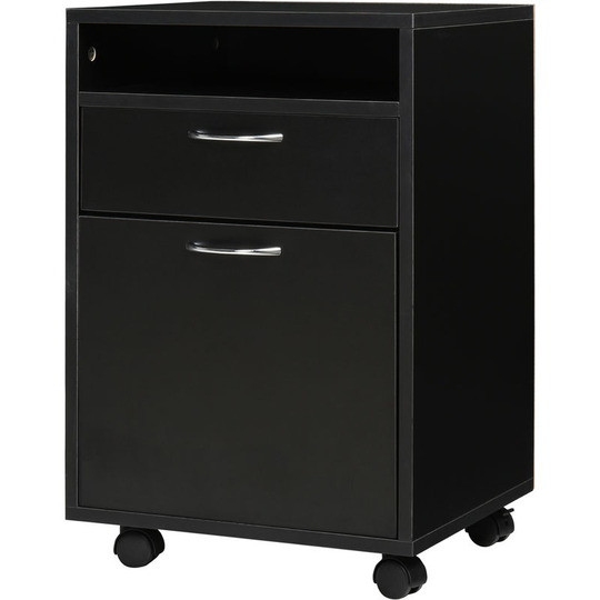 60cm Storage Cabinet w/ Drawer Open Shelf Metal Handles 4 Wheels Black - Black - Homcom