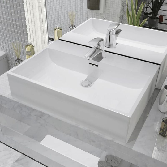 Basin with Faucet Hole Ceramic White 60.5x42.5x14.5 cm - White