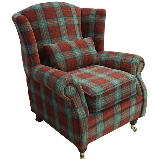 Wing Chair Fireside High Back Armchair Lana Terracotta Check Fabric