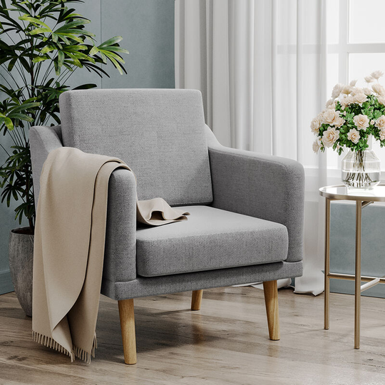 Grey Linen Upholstered Padded Armchair - Livingandhome