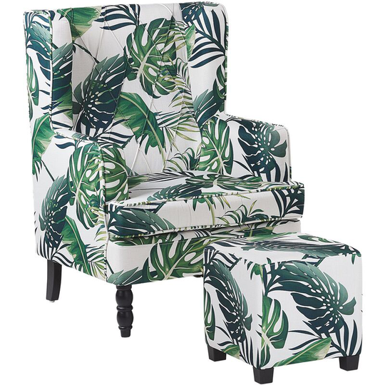 Beliani - Classic Armchair with Footstool Leaf Pattern Wooden Legs White and Green Sandset - White