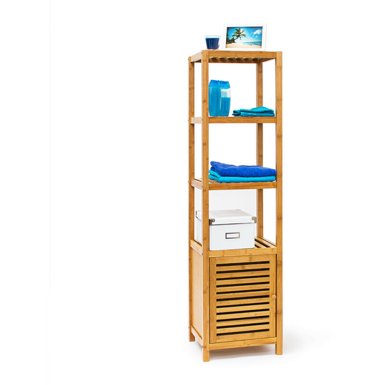 Bamboo Bathroom Shelf with 5 Shelves, 140 x 36.5 x 33 cm, Rack with Wooden Door Free-Standing Shelf Wood 5-Tier Stand, Natural Colour - Relaxdays