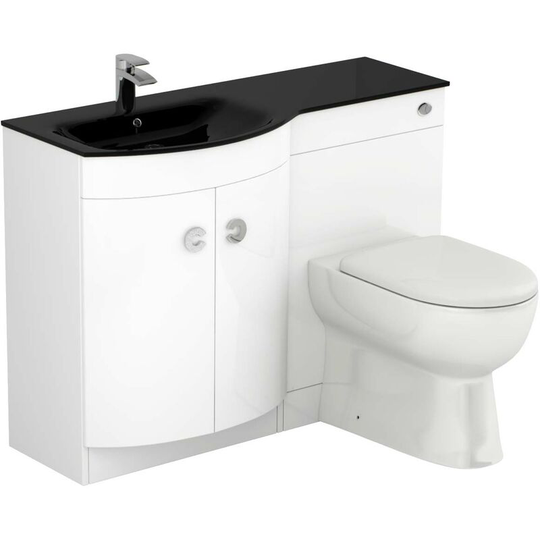 Wholesale Domestic - Venice Curved Black Glass 1100mm Left Hand Gloss White Vanity Unit Toilet Suite - White