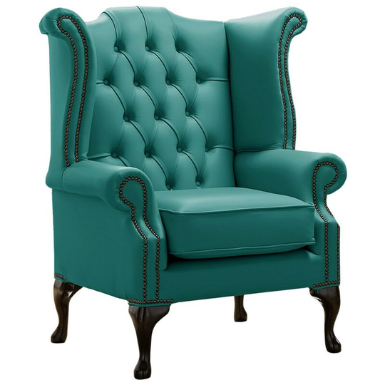 Chesterfield Queen Anne High Back Wing Chair Shelly Dark Teal Leather
