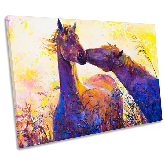 Horses Field Sunset Picture CANVAS WALL ART Print Yellow