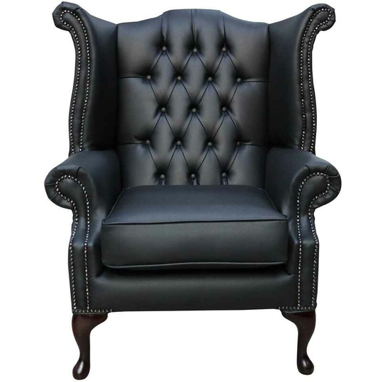 Bonded Leather Black Chesterfield Queen Anne Wing chair | DesignerSofas4U