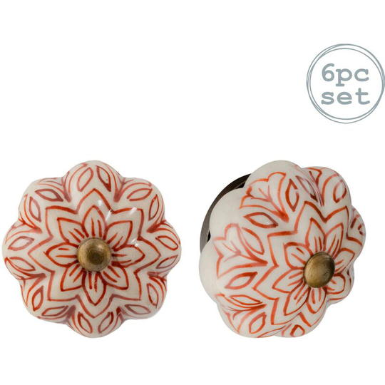 Floral Ceramic Cabinet Knobs - Dark Red - Pack of 6 - Nicola Spring