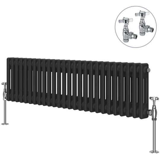 Black Traditional Cast Iron Style Radiator with Chrome Angled Cross Head Manual Valves Horizontal 2 Column 300x1190mm
