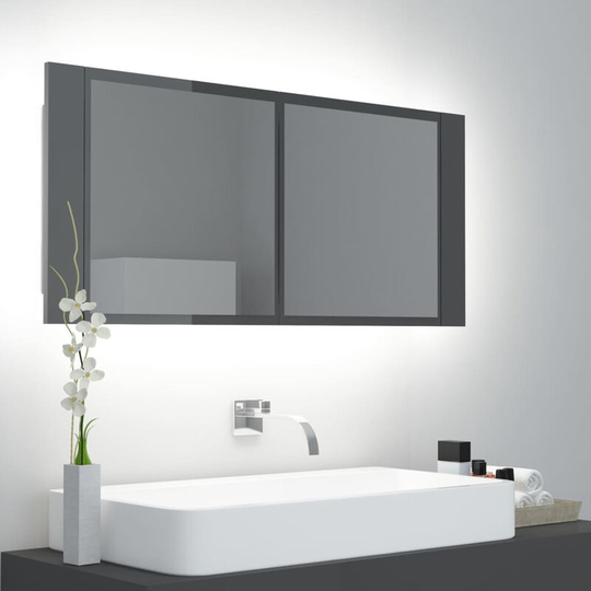 LED Bathroom Mirror Cabinet High Gloss Grey 100x12x45 cm