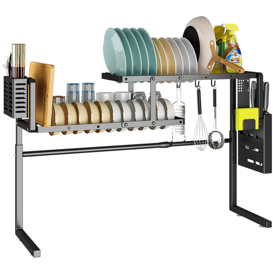 Stagger Over the Sink Dish Drying Rack Length Height Adjustable for Single or Double Bowl Sink Thickened Carbon Steel Dish Drainer